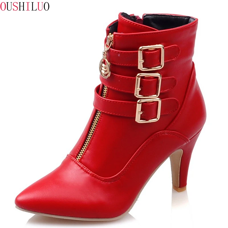 

Shoes Women Boots Autumn High Heels Ankle Boots Pointed Toe Buckle Female Boots Zip Ladies Shoes White Big Size 44