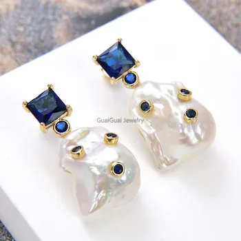 

GG Jewelry Cultured White Baroque Pearl Blue Cz Rhinestone Earrings