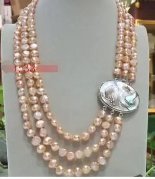 

NATURAL 3ROWS 8-9MM AUSTRALIAN SOUTH SEA GOLD PINK PEARL NECKLACE & BEAUTY SHELL FLOWER CLASP 17"-20"silver jewelry