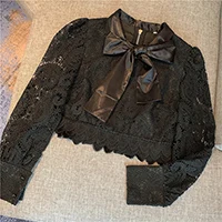 Высокое качество, новейшая мода, подиумная дизайнерская рубашка, Женская кружевная блузка с воротником-бантом, Топ - Цвет: Черный