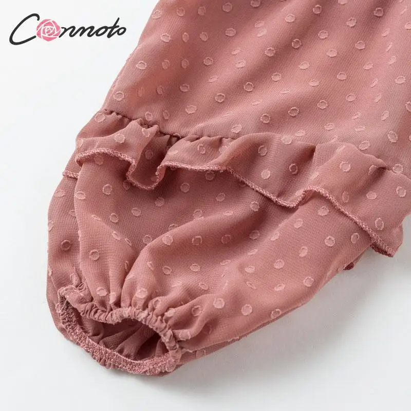 Conmoto шифоновая белая женская блузка в горошек, рубашки, сексуальные женские повседневные блузки с оборками, рубашка, feminino blusas mujer