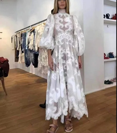 Высококачественное элегантное платье с пышными рукавами, 2 цвета, винтажное кружевное длинное платье для ночного клуба, Коктейльные Вечерние платья на свадьбу - Цвет: Белый