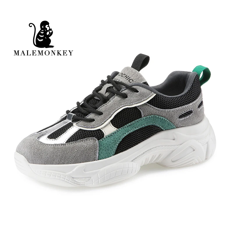 Gray green MALEMONKEY/Роскошные брендовые дизайнерские туфли; Новинка года; модная женская обувь; кроссовки из сетчатого материала; женская кожаная обувь на плоской подошве; Zapatillas; массивная обувь; Muje - Цвет: Gray green