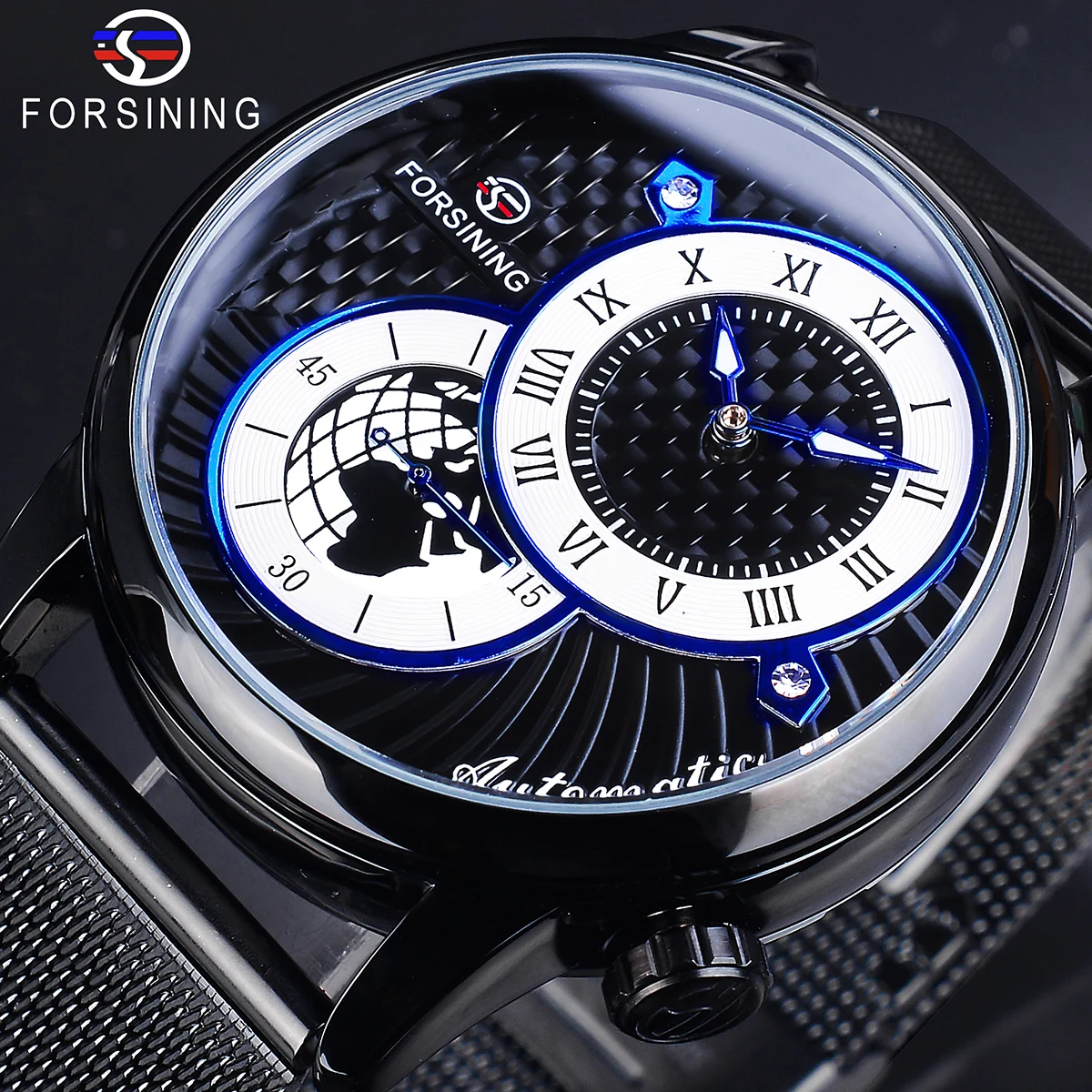 

Forsining Chronograph Second Dial Design Sport Watch Black Stainless Steel Waterproof Luminous Hand Automatic Mechanical Watch