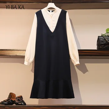 

3XL 4XLPlus Size women long sleeve Mermaid Dresse autumn stand-collar With Zippers Big Size autumn Casual Loose shirt Dresses