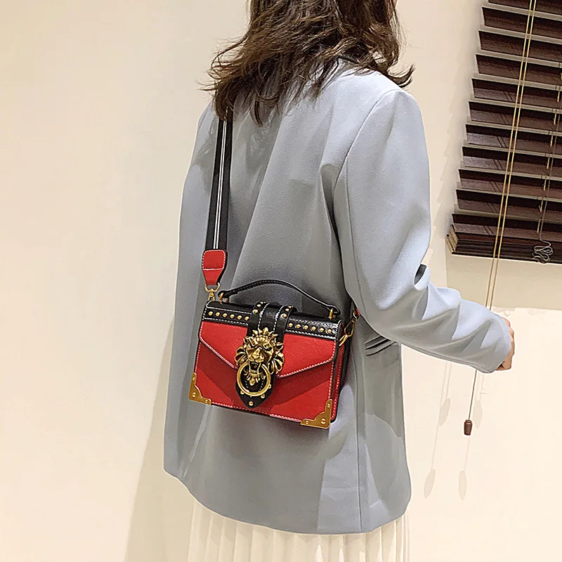 Female Fashion Handbags Crossbody Bags Tote Woman Metal Lion Head Brand Shoulder Purse Mini Square Messenger Bag