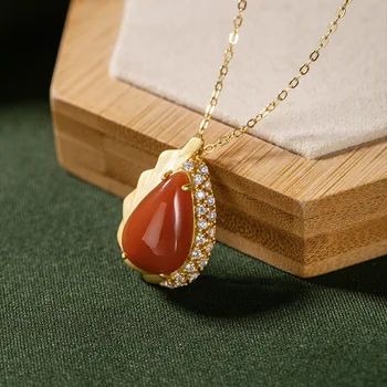 

pure silver gold-plated natural South Red Agate personality high grade water drop shape women's chain pendant set chain