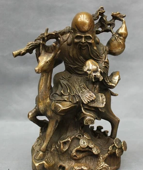 

hui88K742<<<>>8" Chinese Bronze Buddhism Shou Peach Gourd Longevity God Ride Deer Crane Statue