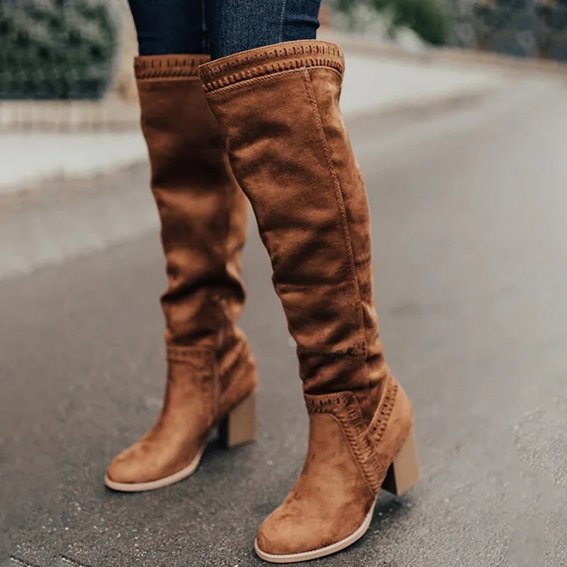 

ADISPUTENT Women Long Boots Zipper Knee-High Boots Hollow Out Boots Comfortable Chunky Heel Autumn Winter Shoes Bota Feminina