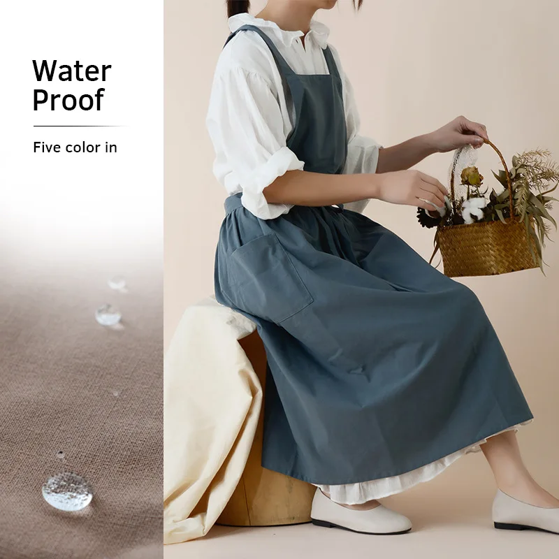 Women Cotton Linen Bib Apron Japanese Style Sleeveless Pinafore Home Kitchen Coffee Cooking Florist Aprons Waterproof Dress