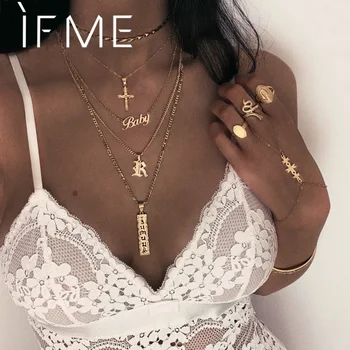 

IF ME Bohemian Long Multilayers Letter Sign Necklace for Women Vintage Gold Color Cross Chain Pendant Necklaces Fashion Jewelry