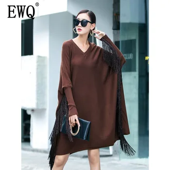 

[EWQ] 2020 Spring Autumn New Long Length Tassel Bat Sleeve V-neck Loose Elegant High Street Slim Women's Pullover Sweater TX837