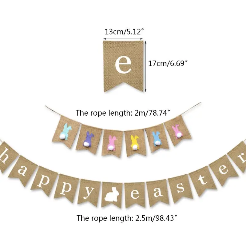 

2020 New2 Pcs Happy Easter Burlap Banner Rabbit Print Bunting Pull Flag Party DIY Decor