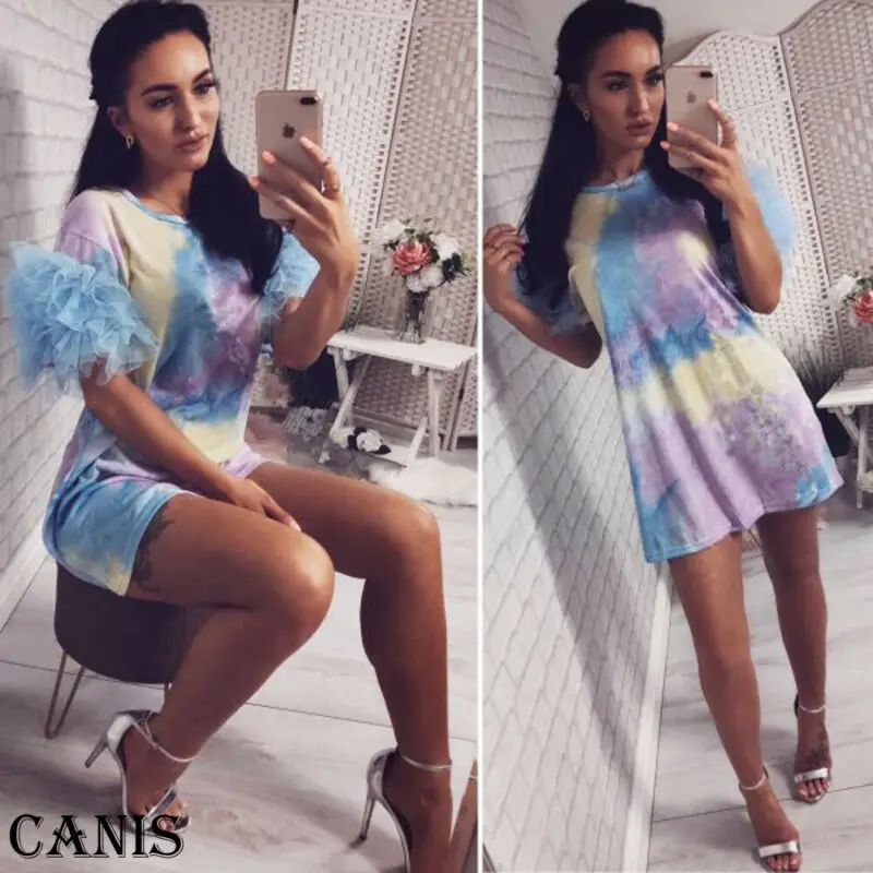 Blooming blue Women Straight dresses Short Sleeve Mesh Sheer Bodycon Crew neck casual Work dress Female dress mujer mini vestito