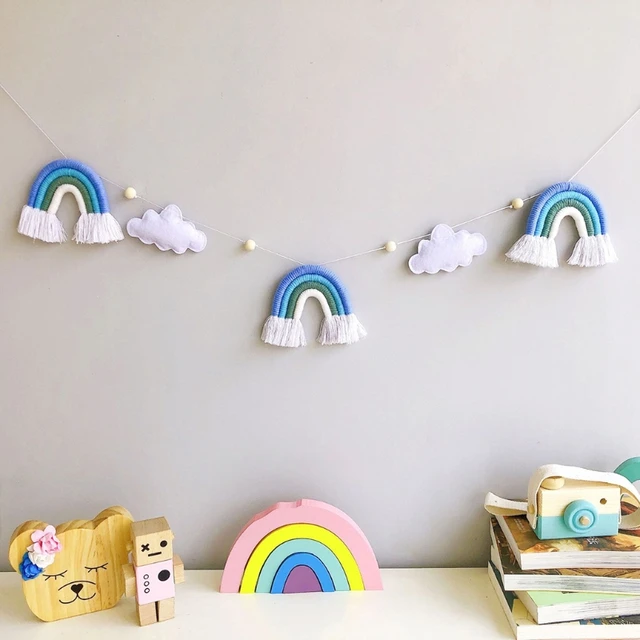 INS Felt Cloud Knitting Wool Rainbow Tassel Wall Hanging Decor Boho Wooden Beads Garland Pendant Kids Room Home Nursery Decor 2
