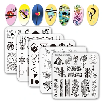 

Beautybigbang Nail Art Stamping Plates Set 5PCS New 6cm Square Templates Geometry Striped Flower Theme Nail Art Stamp Plates Set