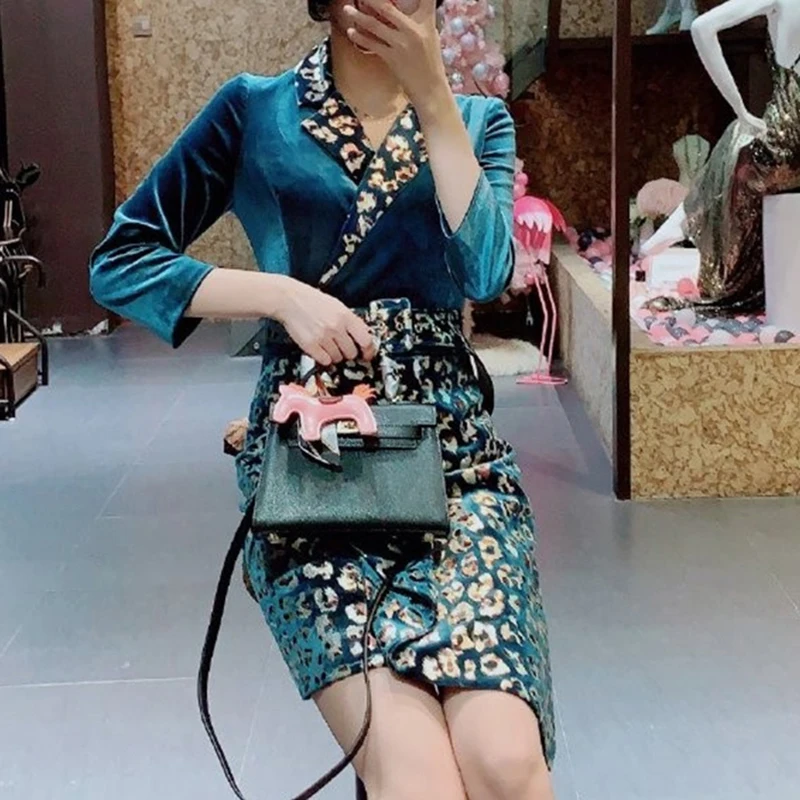 

HIGH QUALITY New Fashion 2019 Designer Runway Dress Women's Long Sleeve Notched Collar Leopard Print Patchwork Dress