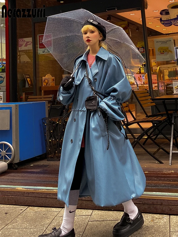 Nerazzurri Autumn Oversized blue long leather trench coat