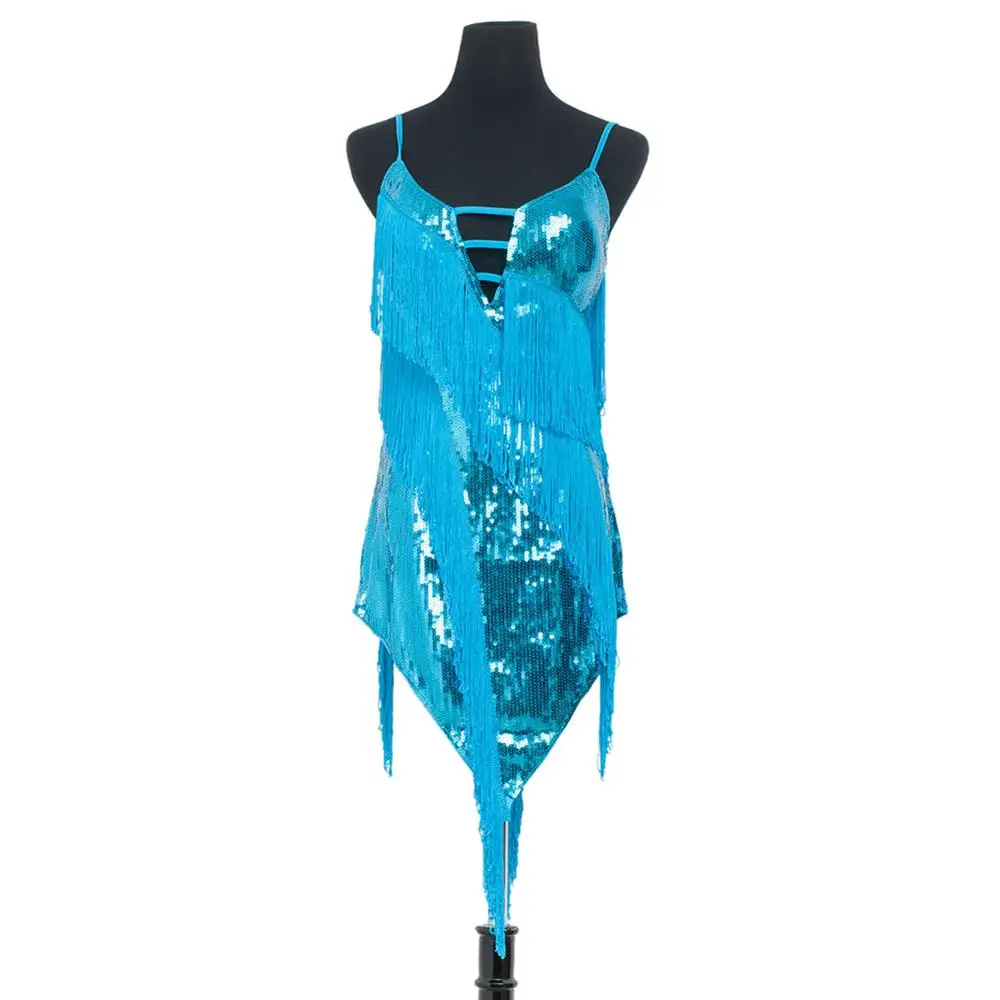 

2019 Women Latin Dance Dress Sexy Sequined Sling Halter Tassel Costume Dance Mini Dress 7011