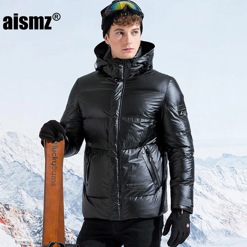 Aismz модная новая теплая куртка на 90% белом утином пуху Мужская молодежная Высококачественная Черная теплая пуховая куртка с капюшоном Мужская короткая куртка