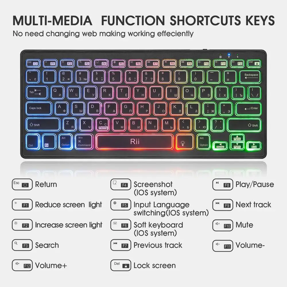 Rii-teclado ruso retroiluminado con Bluetooth 4,0, inalámbrico, multicolor, LED, arcoíris, batería recargable, para iOS, Android, MacBook - Imagen 6