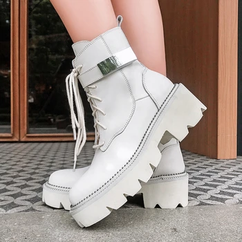 

SaraIris Female Fahsion Genuine Leather Buckle Motocycle Boots Lace Up Platform Boots Women 2020 Square Heel Shoes Woman