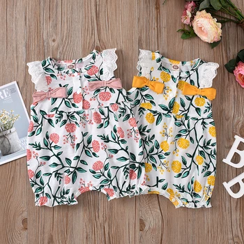 

Fashion Newborn Kids Floral Jumpsuits Baby Girl Summer Clothes Cute Bow Round Neck Button Sleeveless Romper Sunsuit Outfits