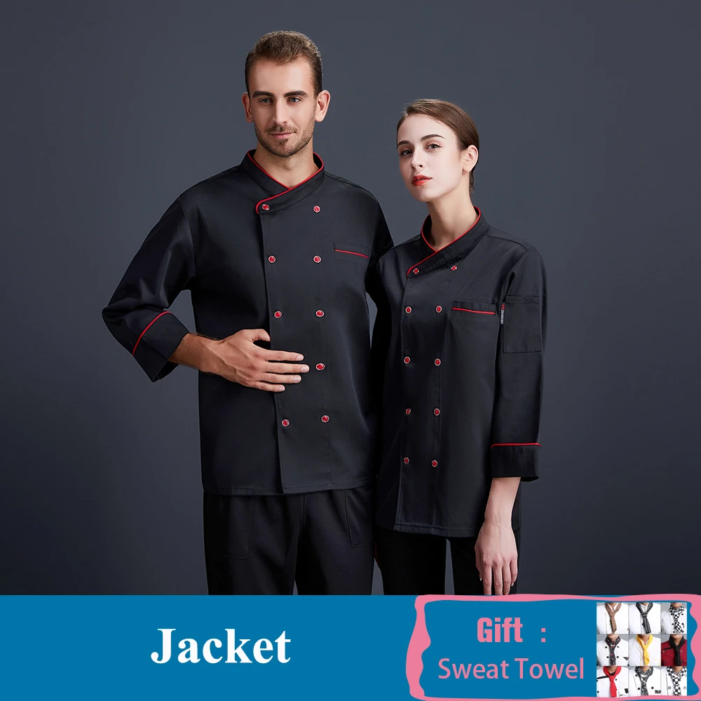 Black Coat Черный длинный рукав шеф Униформа унисекс, однотонный рабочий жакет отель, ресторан, кафе, пекарня Парикмахерская барбекю бар работа официанта рубашка - Цвет: Black Coat