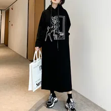 Oversized Hoodie Sweatshirt Women White Printing Graphics Long Loose Korean Harajuku with Hood Dress Female Black Pullovers Tops
