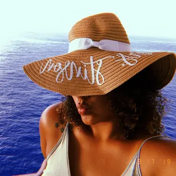 

Floppy Ribbon Straw Large Brim sun hat custom text logo cap Personalise brithday beach holiday Hats Bachelorette gift bridal hat