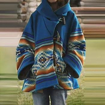 

New Autumn Winter Fashion Women Retro Printed Hooded Coat Long Sleeve Jacket Claw Button Ladies Winter Coat Feminina Inverno