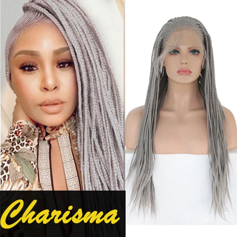 Charisma Long Gray Wigs For Women Box Braids Synthetic Lace Front Wig