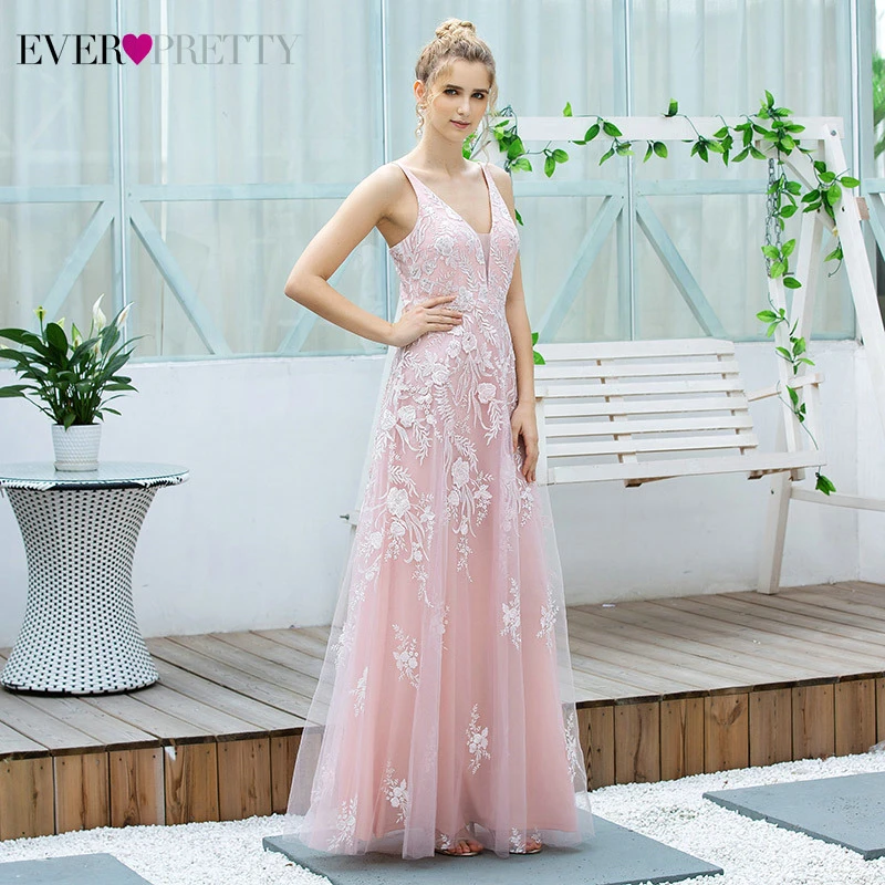 Pink Floral Lace Prom Dresses Ever Pretty A-Line Deep V-Neck Sleeveless Appliques Tulle Draped Long Party Gowns Vestido Festa