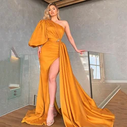 Yipeisha One-shoulder Gold Prom Dresses High Split Evening Dress Custom Made Long Sleeve Party Gown for Banquet Robe de Bal