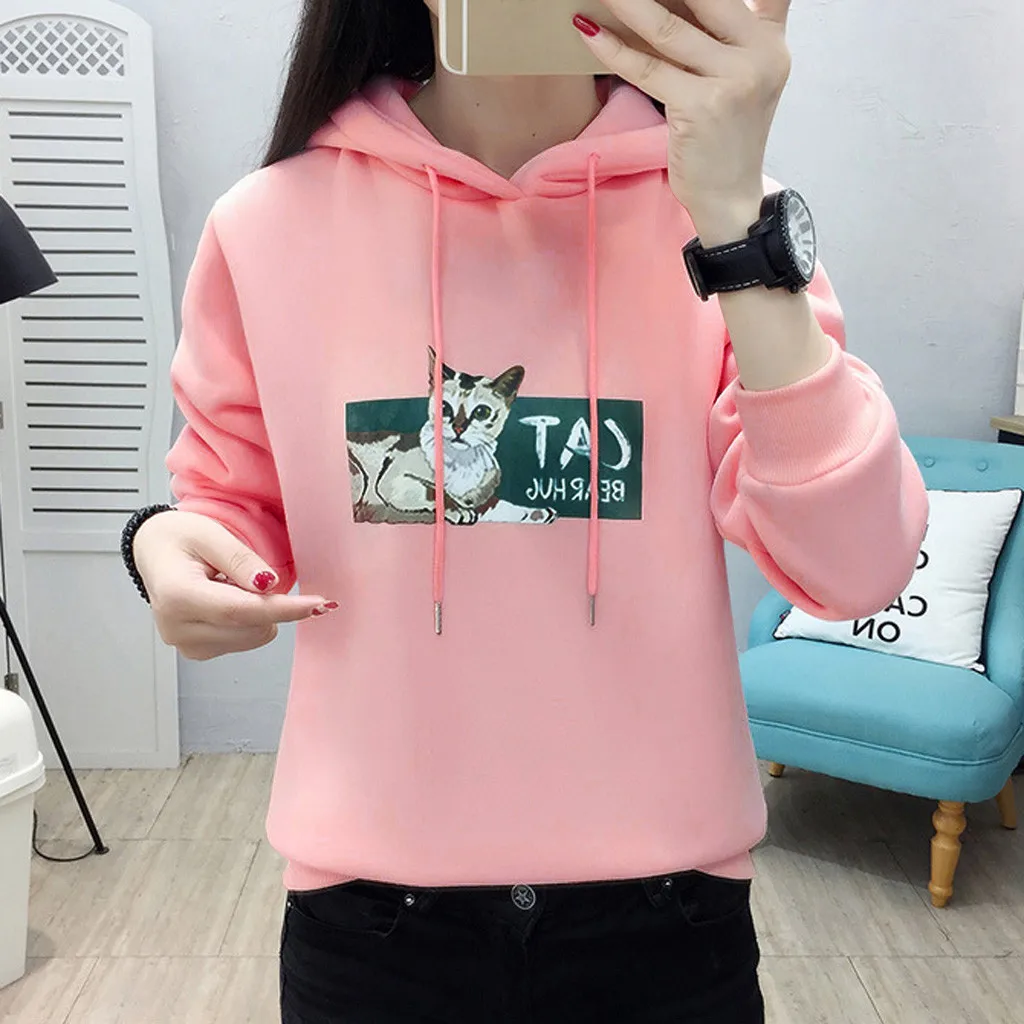 Зимнее пальто свободные толстые толстовки Женская толстовка Kawaii с принтом кота
