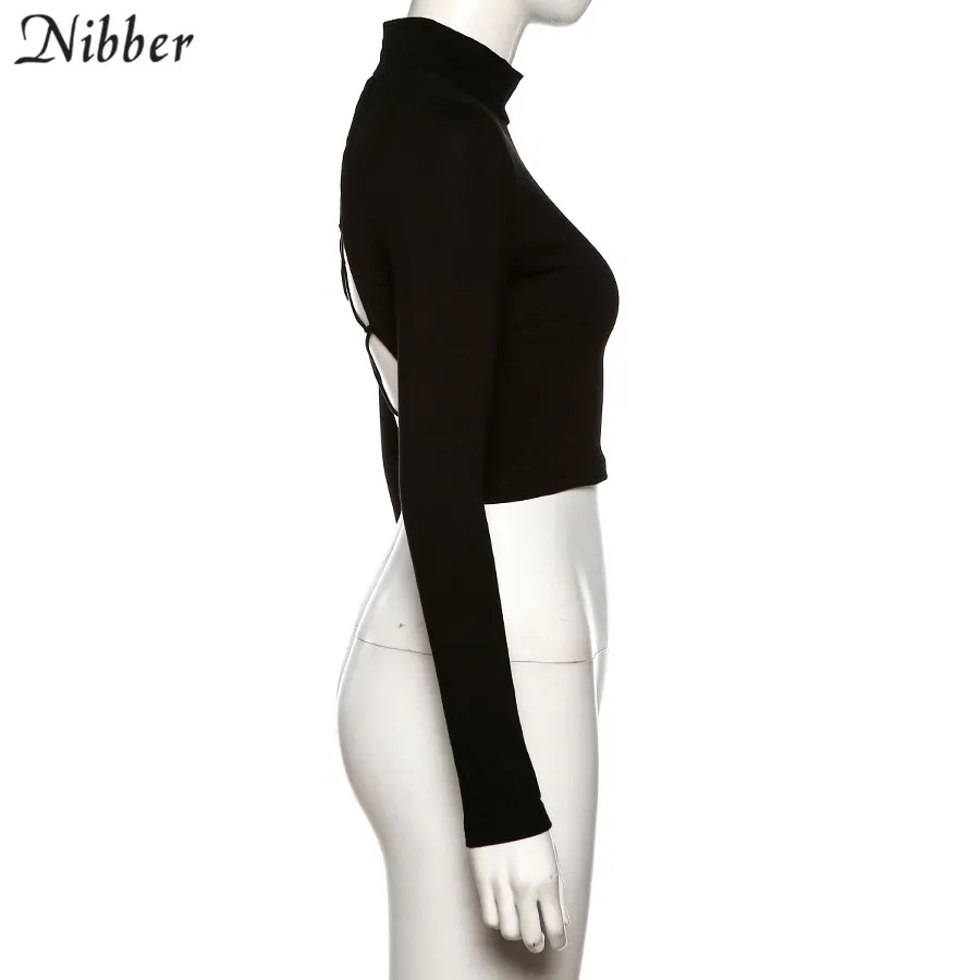 NIBBER street style sexy backless hollow out Bandage top slim turtleneck t-shirt crop top2019autumn  trend full sleeve tee femme