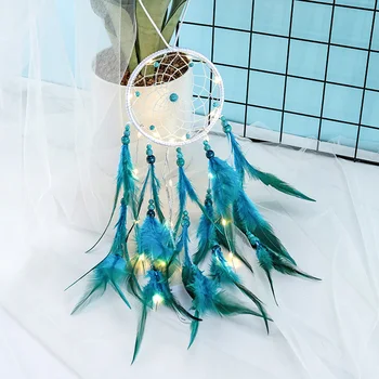 

Handmade Blue Feather With Led Light Fairy Bedroom DIY Hanging Decor Wind Chimes Home Hanging Craft Gift Ornament Car Hanging