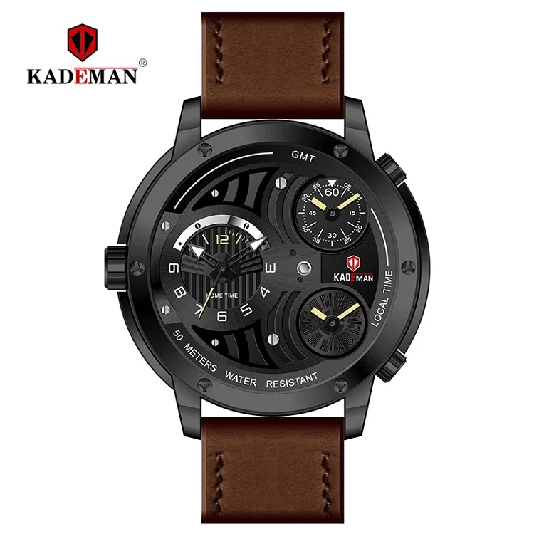 KD696-BYBN KADEMAN, мужские часы с большим циферблатом, 3 часовых пояса, уникальные, повседневные, деловые, Роскошные, брендовые, водонепроницаемые, кожаные, Relogio Masculino - Цвет: KD696-BYBN
