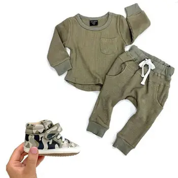 

2pcs Tracksuit for Toddler Kids Baby Boy Girls plain long sleeve green Autumn Outfits Clothes Tops+Pants Bottoms Pyjama Set