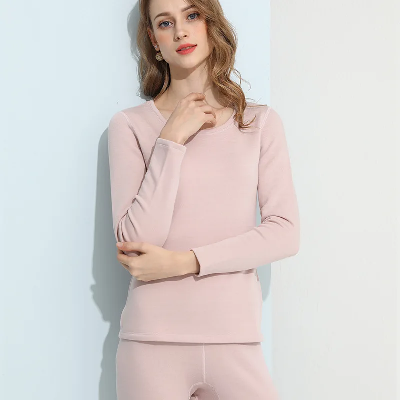 Thermal Underwear Sets Women Fleece Warm Long Johns 100%Natural Silk Brushed Solid Winter Thermal Pink Nude Underwear