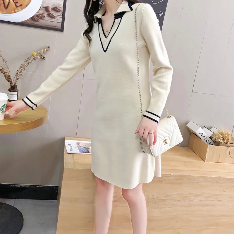 

Women dress Autumn French v-neck striped knit dress stitching bright silk long sleeves autumn 2019 new women's fresh feeling