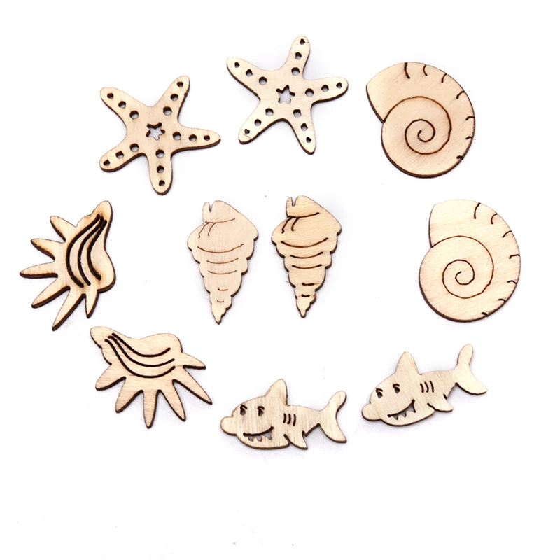 50/100pcs Seashell Starfish Wooden Pattern For Embellishment Home Wood Decor Scrapbooking Mix Diy Crafts Handmade Making
