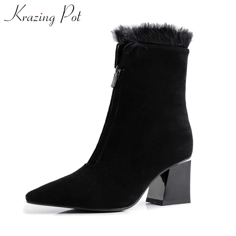 

krazing pot winter keep warm rabbit fur genuine leather boots pointed toe high heels mature women fashion zip ankle boots L21