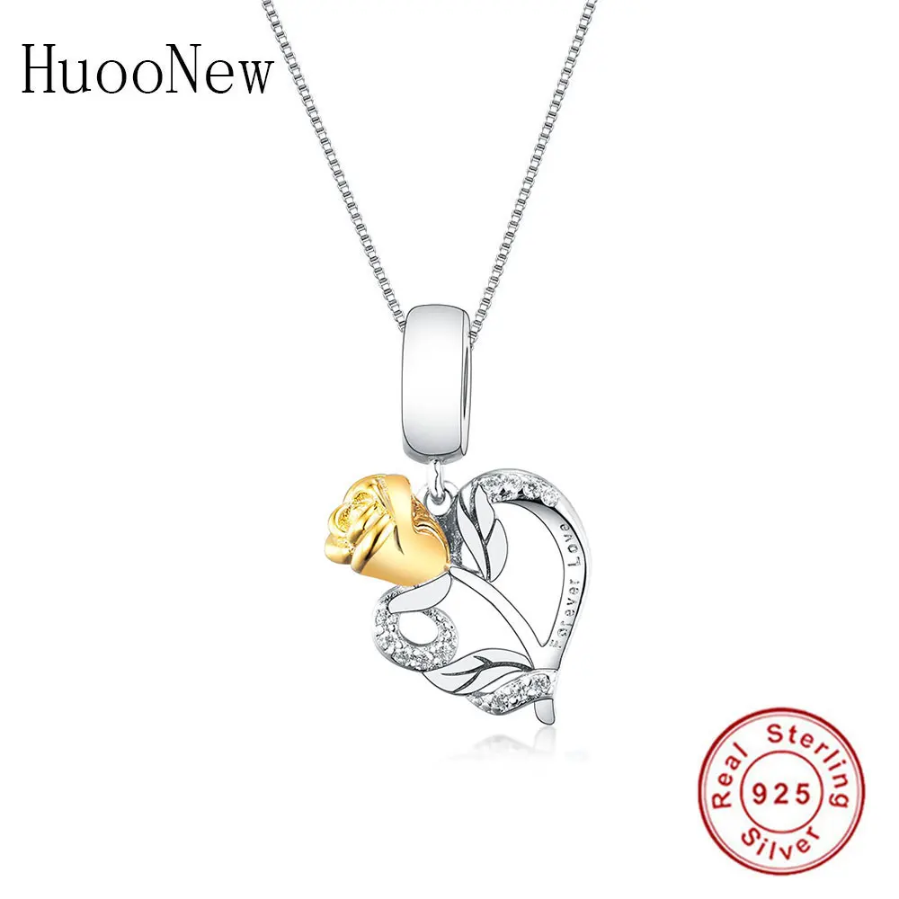 

925 Sterling Silve Gold Rose Flower Cubic Zircons Collar Statement Necklace Pendant Teens Girls Women Couple Chain Choker Gift