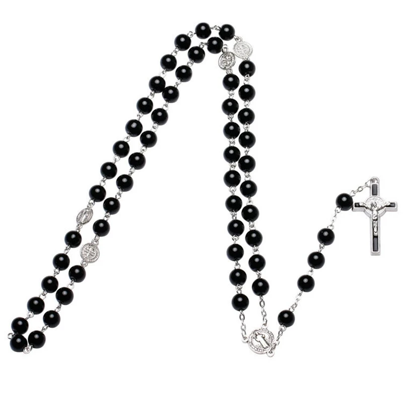 QIGO Black Glass Pearl Catholic Rosary Necklace Metal Cross Long | Украшения и аксессуары