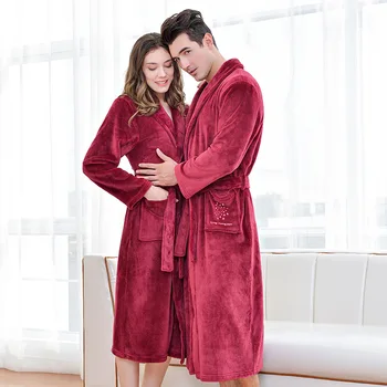 

Couples Coral Fleece Bathrobe Women Men Winter Long Nightwear Thick Flannel Thermal Robe Warm Kimono Dressing Gown Bride #F