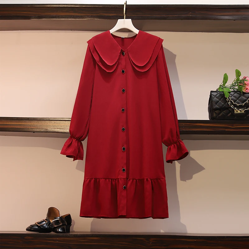 

XL-4XL Plus Size Women Fashion Red Double Collar Solid Loose Mini Dress 2020 O-Neck Natural Elegant Lantern Sleeve Dresses