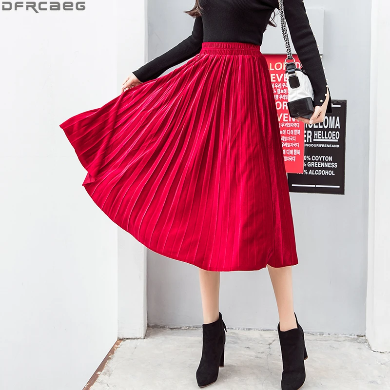 Vintage Elastic High Waist Maxi Pleated Skirt Retro Winter Velvet Long Skirts For Women Lining School Jupe Femme Hiver Red Black vintage telephone bookends heavy duty metal book holder desktop book holder school stationery office display