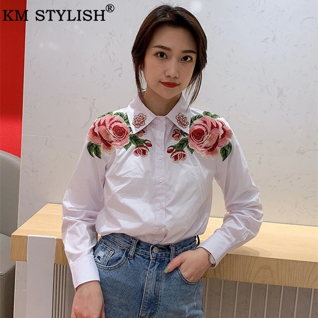 Camisa blanca para mujer, ropa camisas y blusas de manga larga de flores rosas de camisa holgada Vintage con diamantes - AliExpress