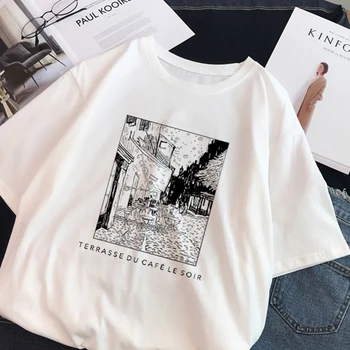

Van Gogh t shirt printing fun black and white drawing printing short-sleeved T-shirt chic large size loose O-neck casual female